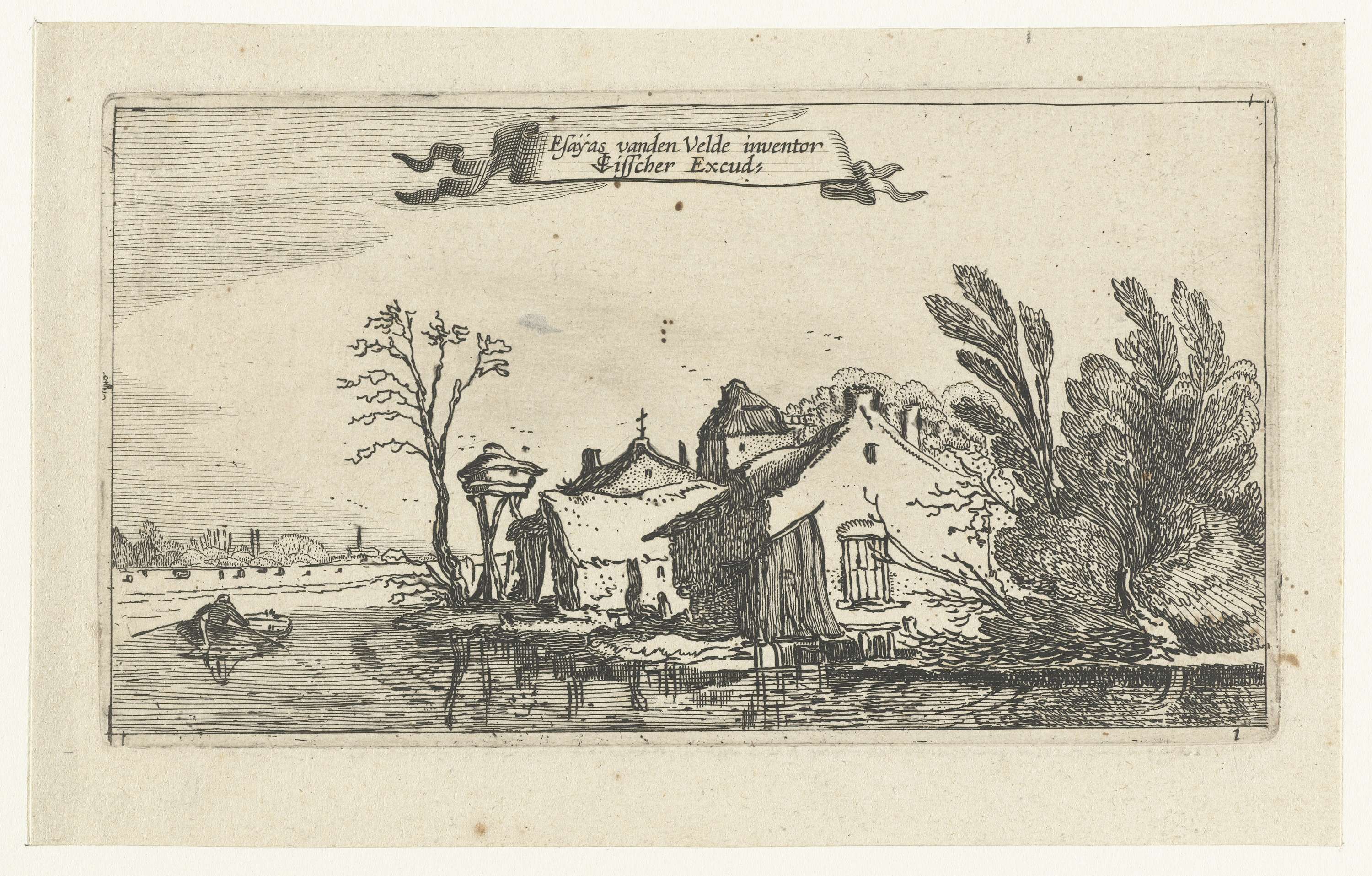 Etching by Unknown Artist depicting a farmhouse by a river at sunset