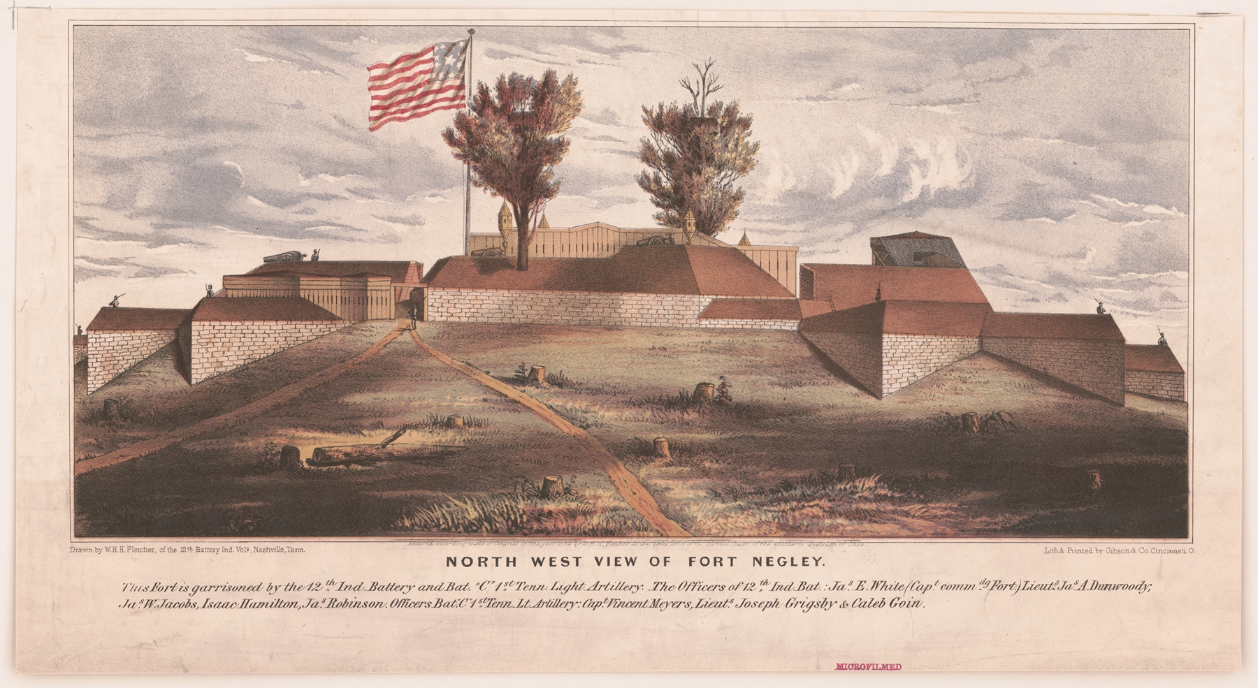 North west view of Fort Negley lithograph by Gibson & Co. Lith depicting a fort at twilight.