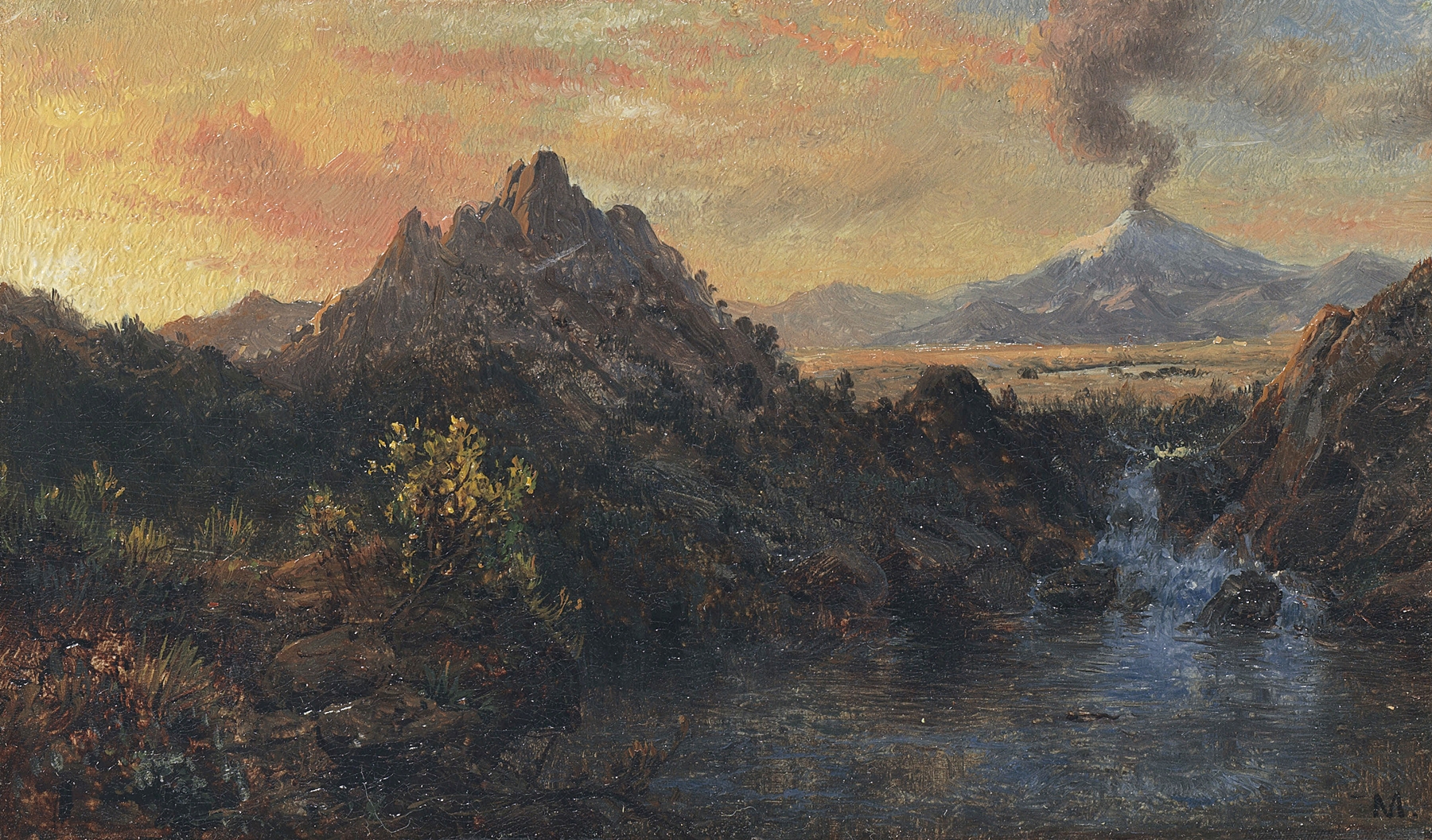 Landscape of mountains and valleys in oil painting by Louis Remy Mignot