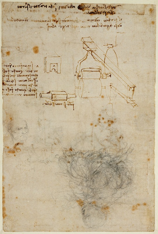 This artwork features a detailed study of an old man's head alongside mechanical sketches.
