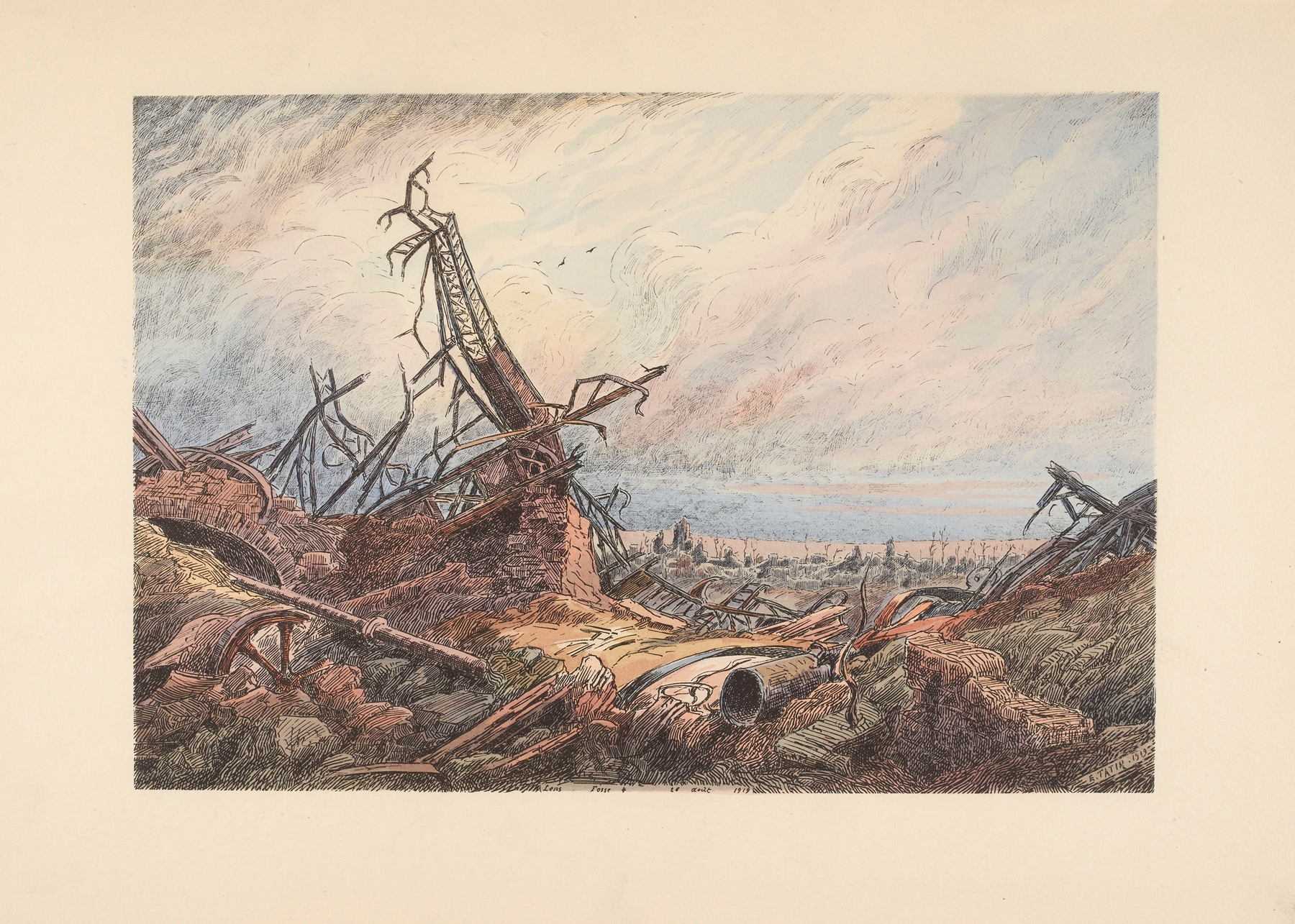 Landscape depicting industrial scene with light and shadow by E. Tatin