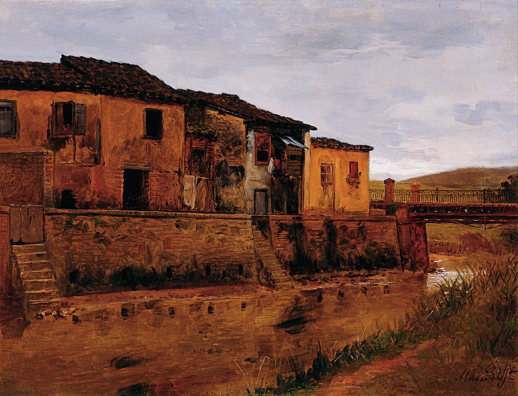 Tabatinguera Bridge by Almeida Júnior, oil painting depicting a bridge with arches in a vibrant landscape.