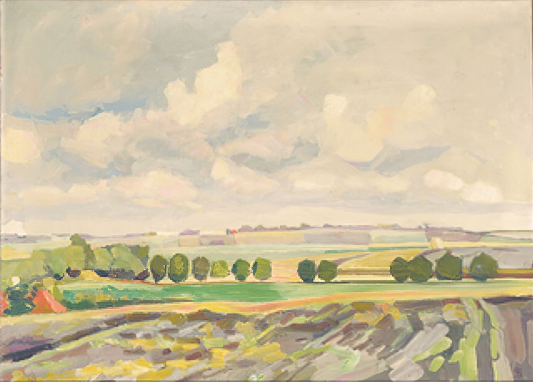 Summer landscape by Fritz Syberg, oil on canvas with rolling hills and a colorful sky.