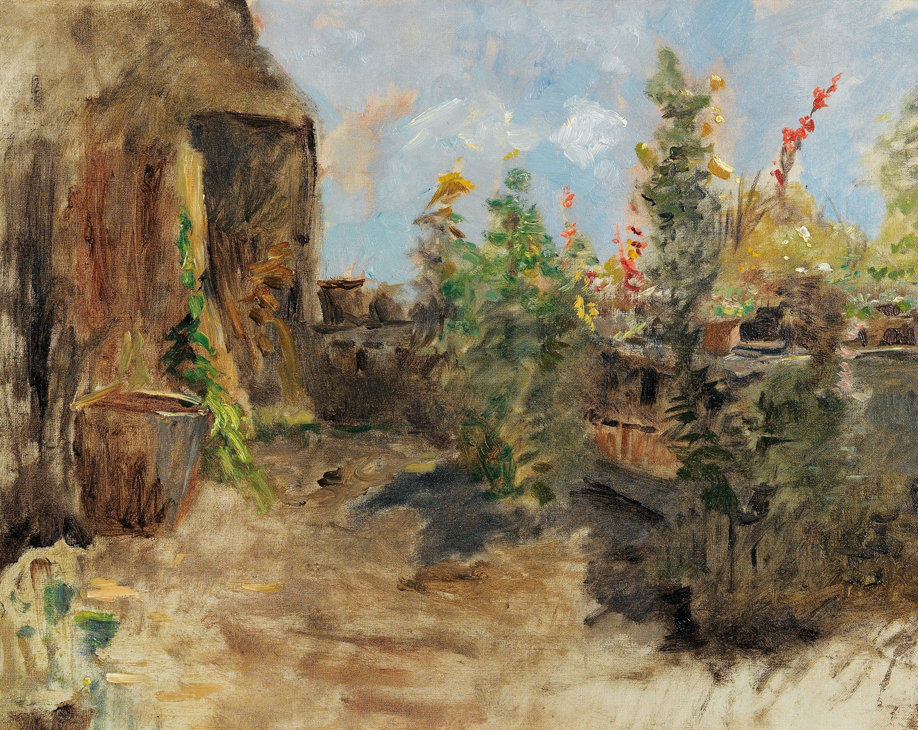 Farmhouse Garden by Olga Wisinger-Florian, oil on canvas depicting flowers and an old farmhouse.