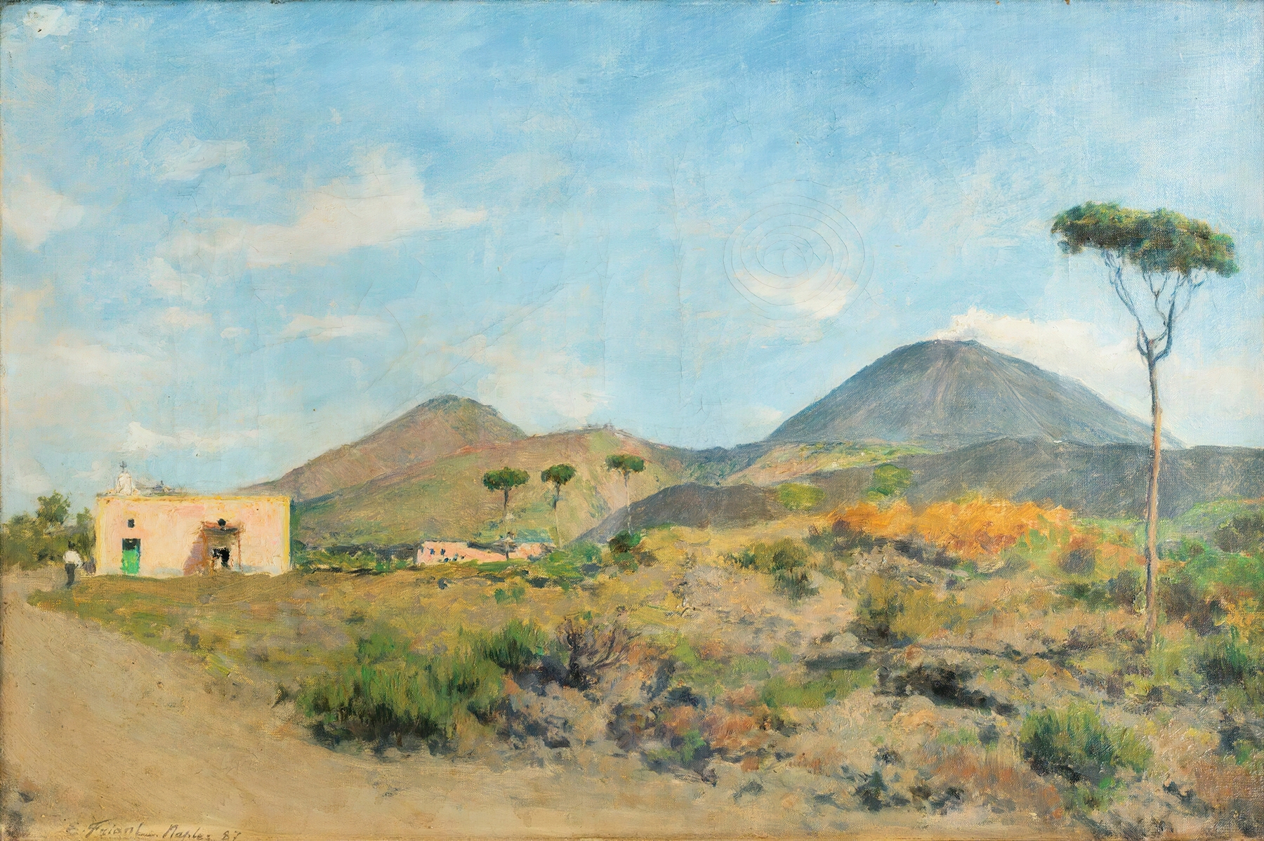 Mount Vesuvius by Émile Friant, oil painting depicting a lush landscape with a volcano.