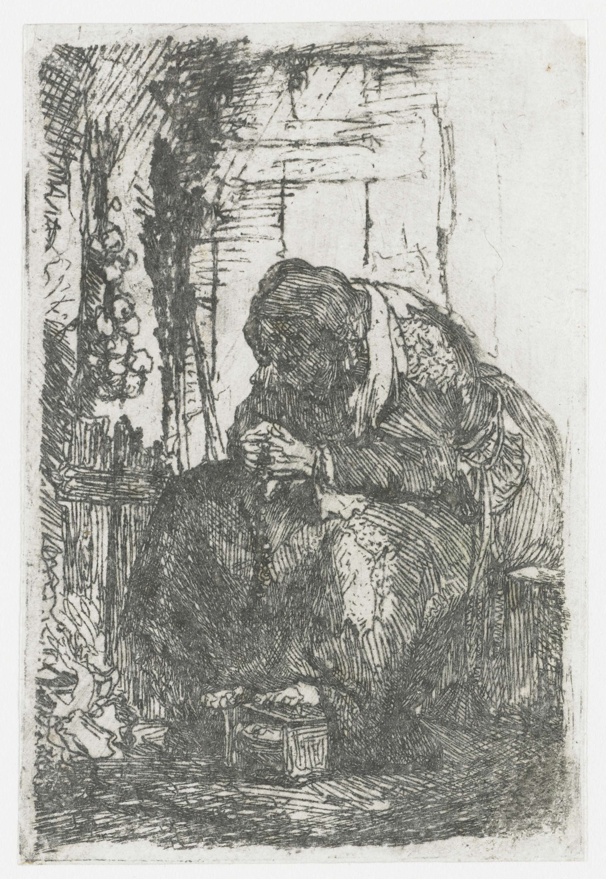 Old Woman Seated in a Cottage, with a String of Onions, etching by Rembrandt van Rijn