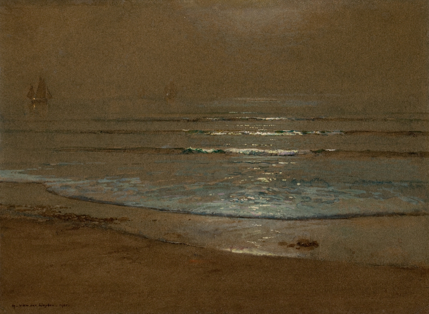 Beach and Waves in the Moonlight, oil painting by Harry Van Der Weyden