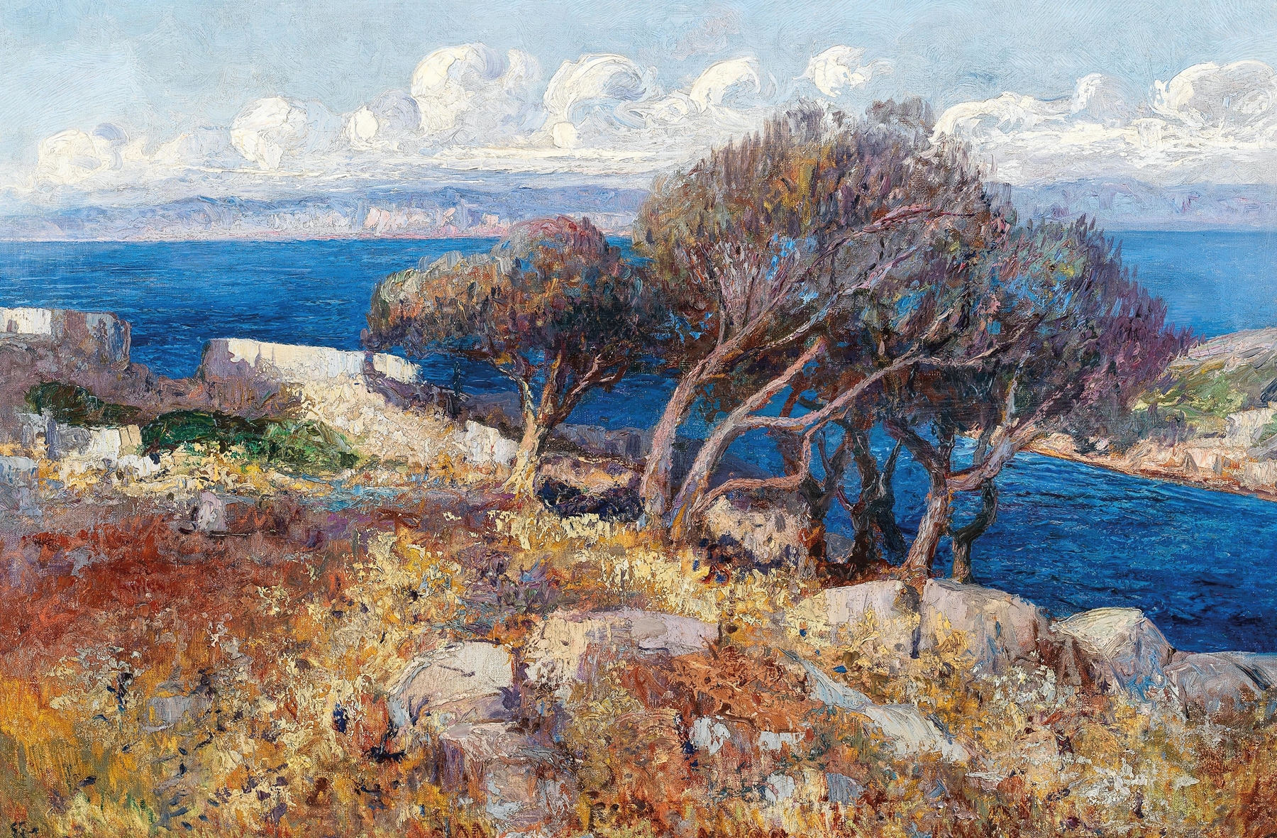 Coastal landscape with waves and grasses, oil on canvas by Leontine von Littrow