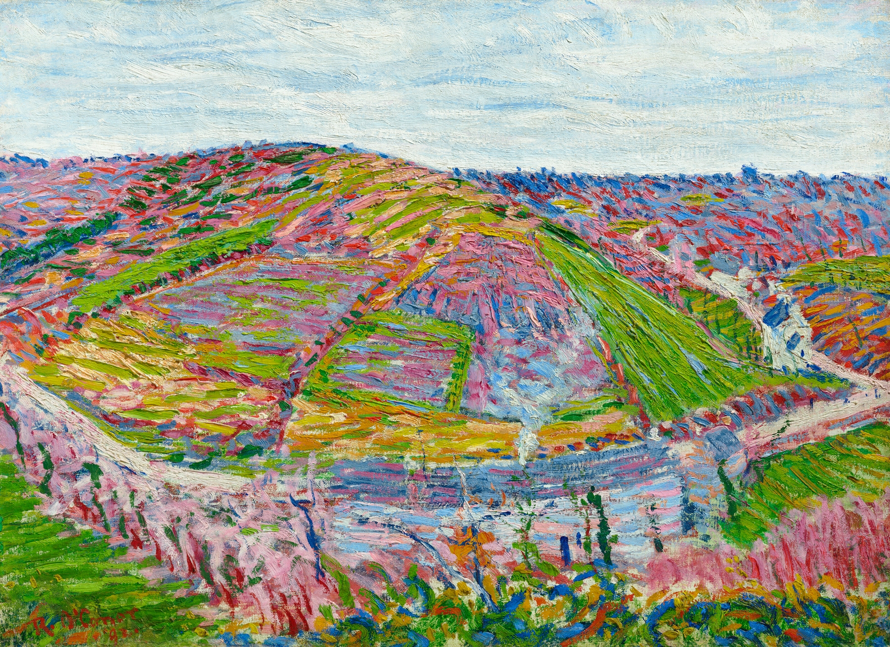 Paysage, Pont Aven by Roderic O'Conor, oil on canvas depicting a tranquil landscape with river and forest.
