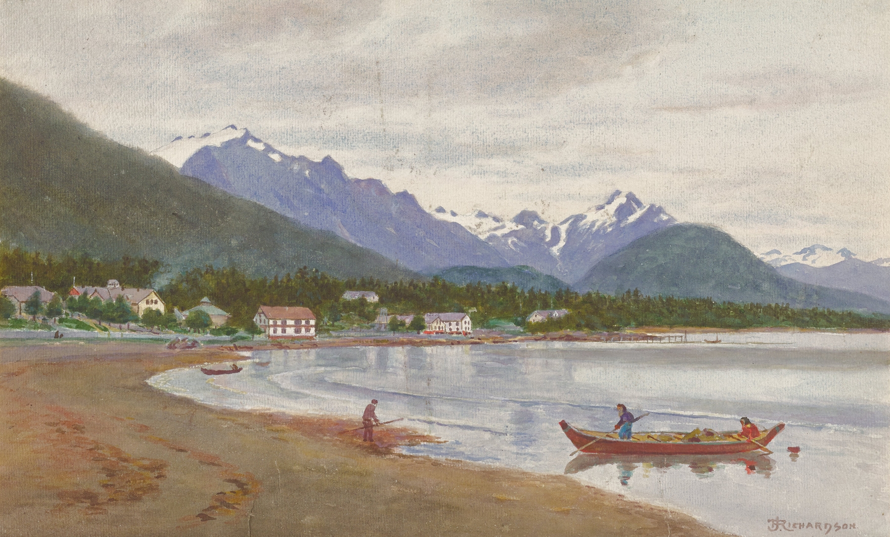 On the Way to Indian River, Sitka by Theodore J. Richardson, oil on canvas depicting a winding river and forest.