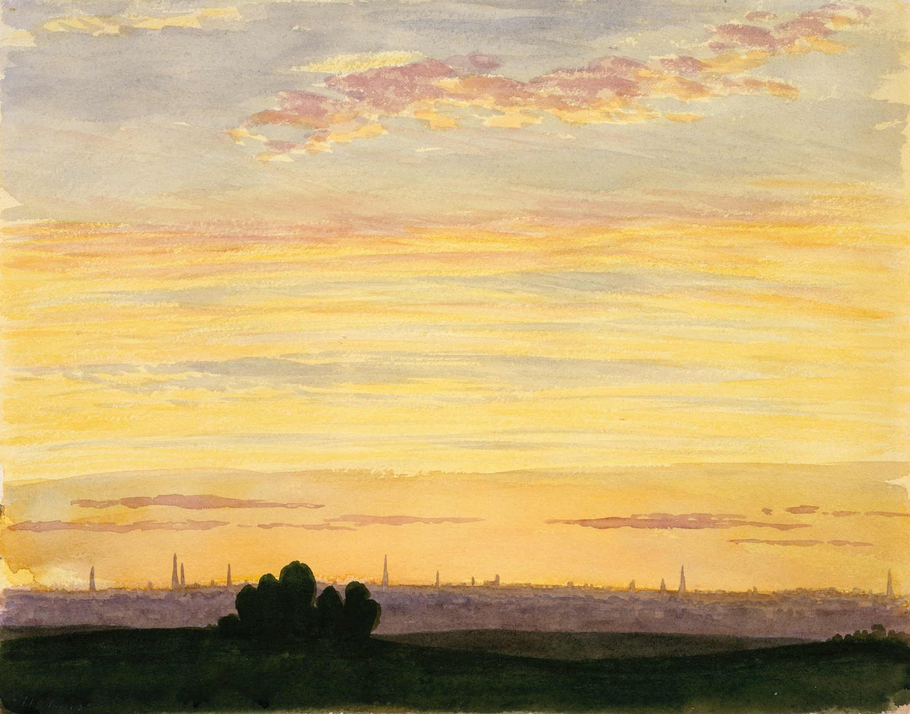 City and Sunset by Henry Farrer, oil on canvas depicting a cityscape at sunset with reflections in water.