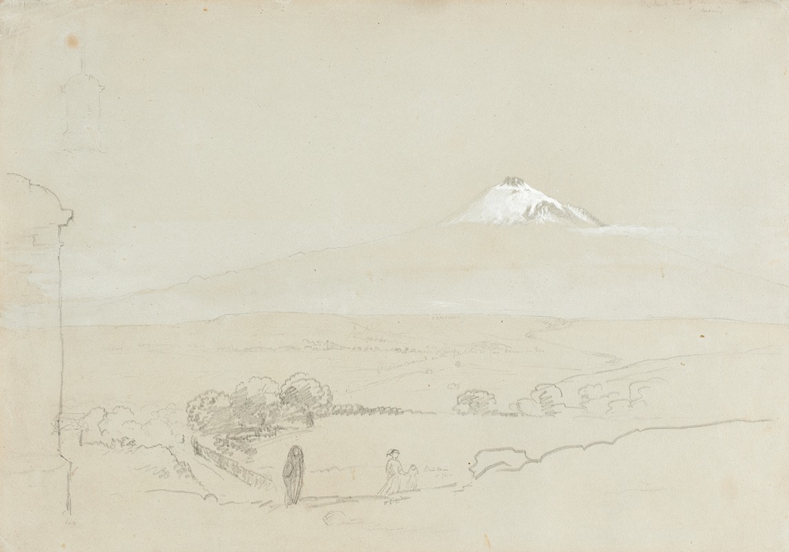 Thomas Cole's painting depicts a serene view of Mount Etna with lush landscapes.
