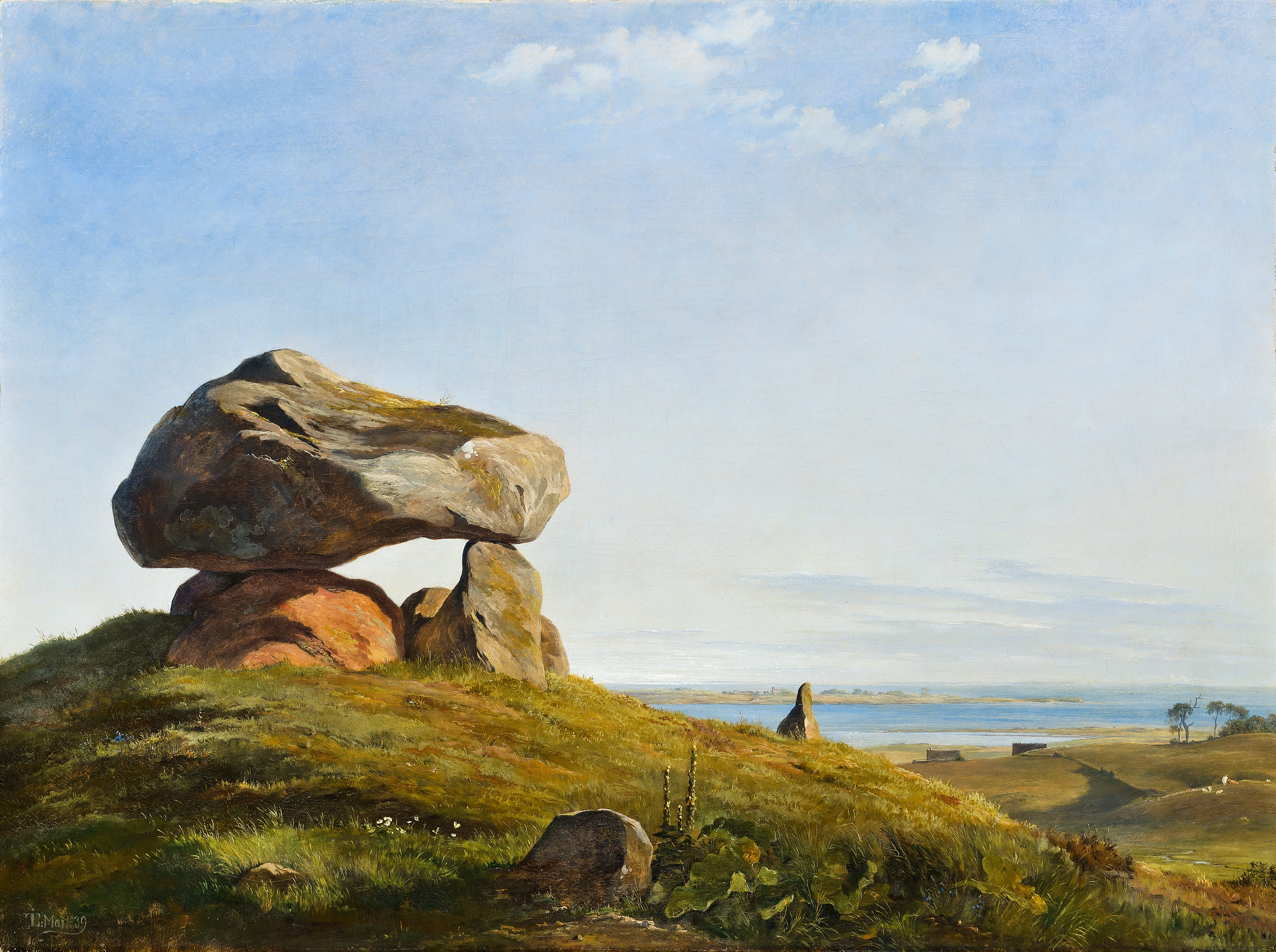 Dolmen At Raklev, Røsnæs by Johan Thomas Lundbye, oil on canvas depicting ancient stones in a lush landscape.
