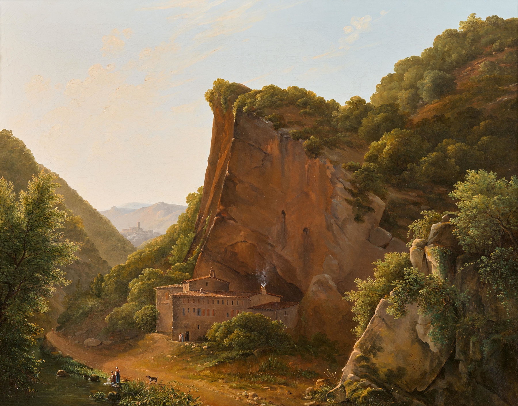 Oil painting of a rocky gorge with dramatic light and shadow by Polydore de Bec
