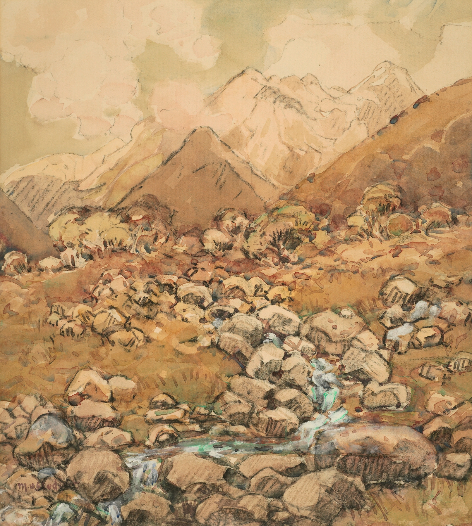 Landscape oil painting by Margaret Stoddart featuring Mount Cook and wildflowers