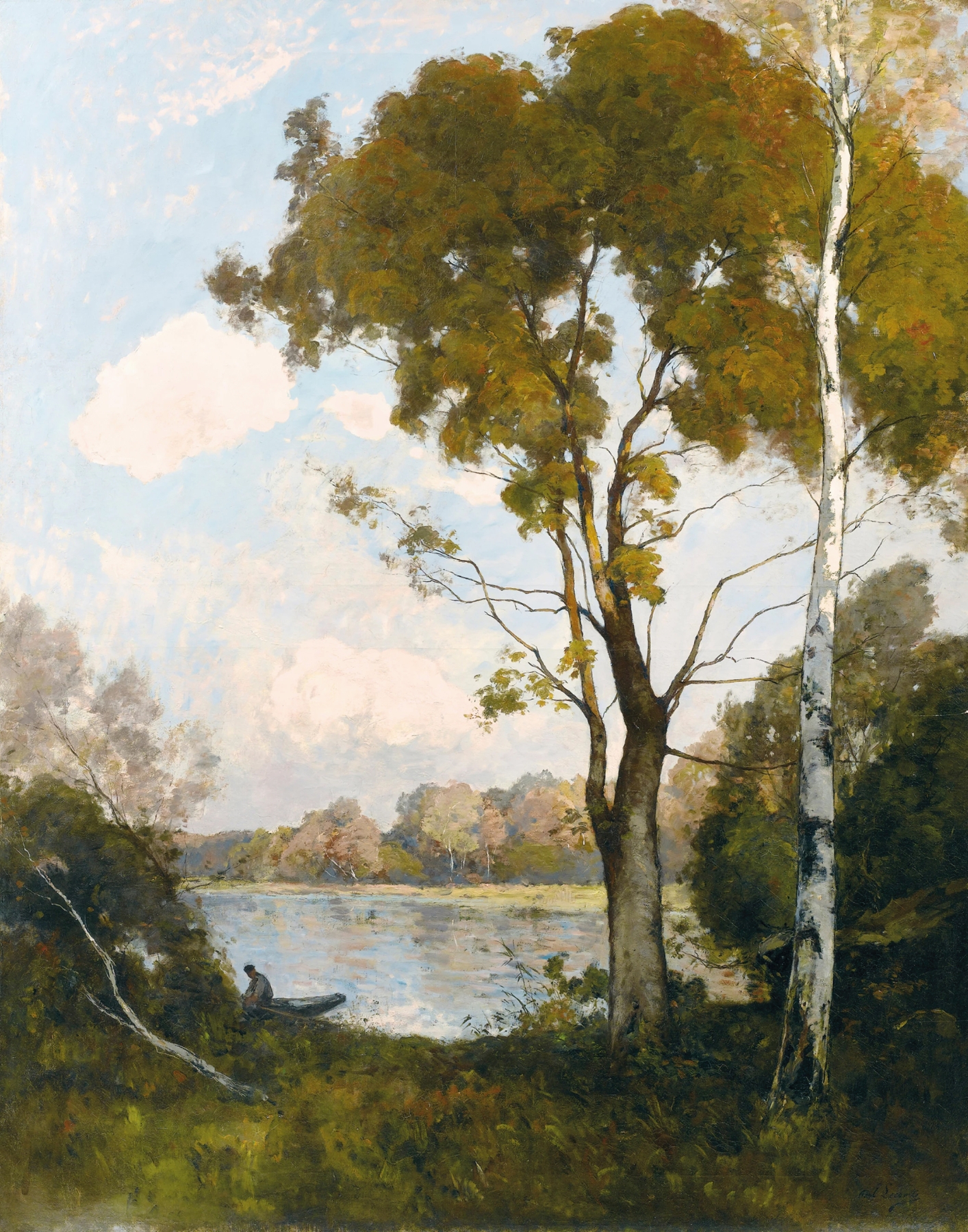 Landscape oil painting by Paul Lecomte featuring a sunset over water with two trees