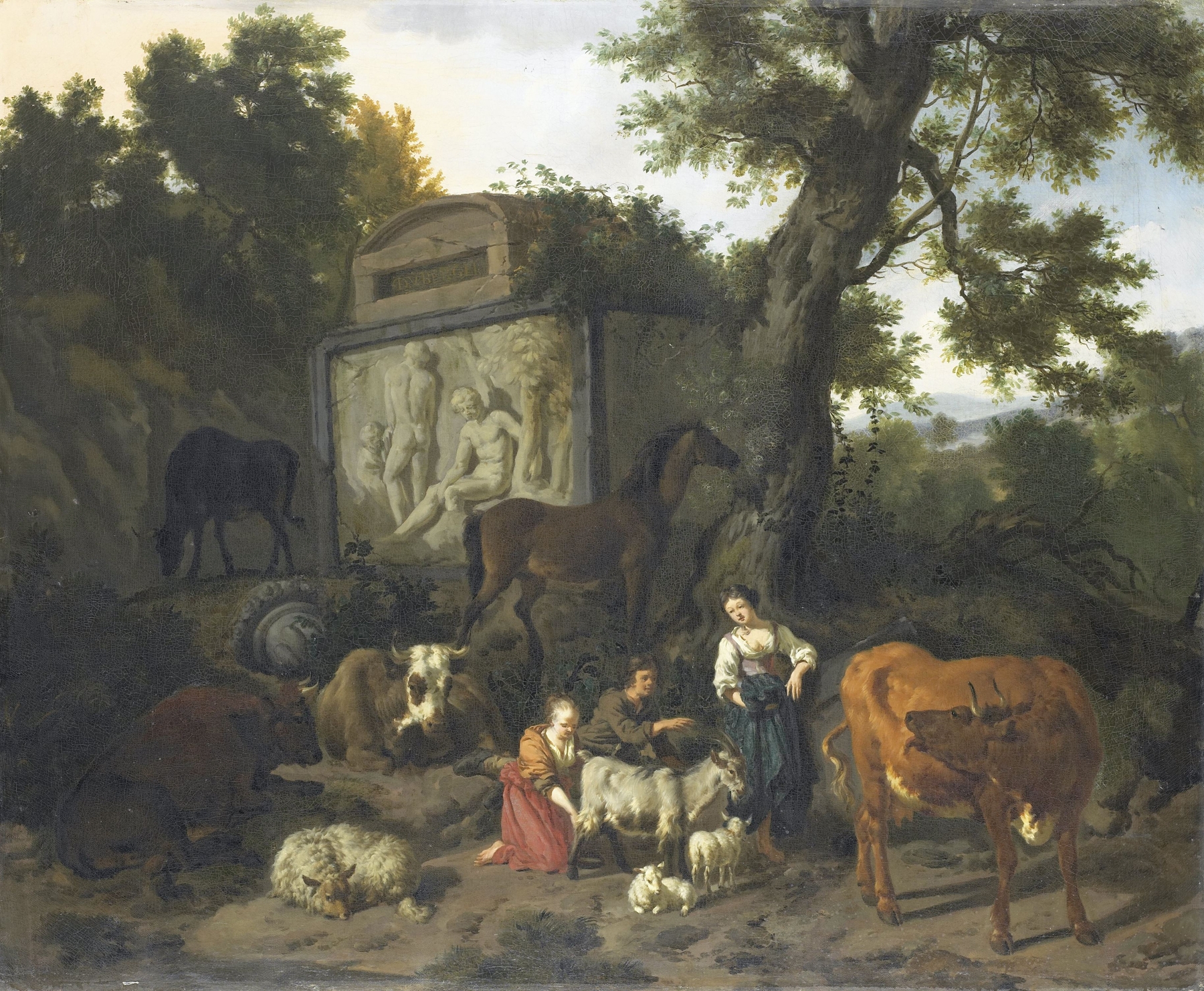 Landscape with Herdsmen and Cattle near a Tomb, oil painting by Dirck van Bergen