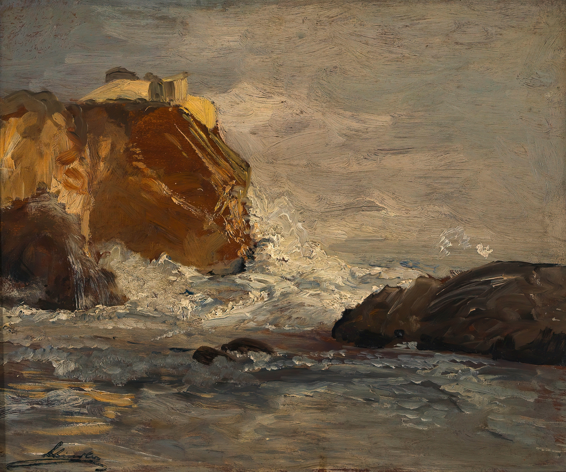 Oil painting by Emil Jakob Schindler depicting crashing waves and rugged rocks