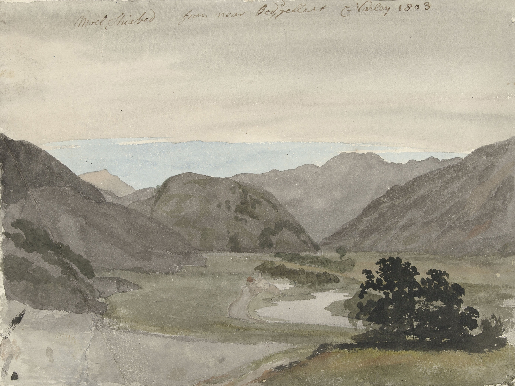 Watercolour by Cornelius Varley showing Moel Siabod with clouds and a valley.