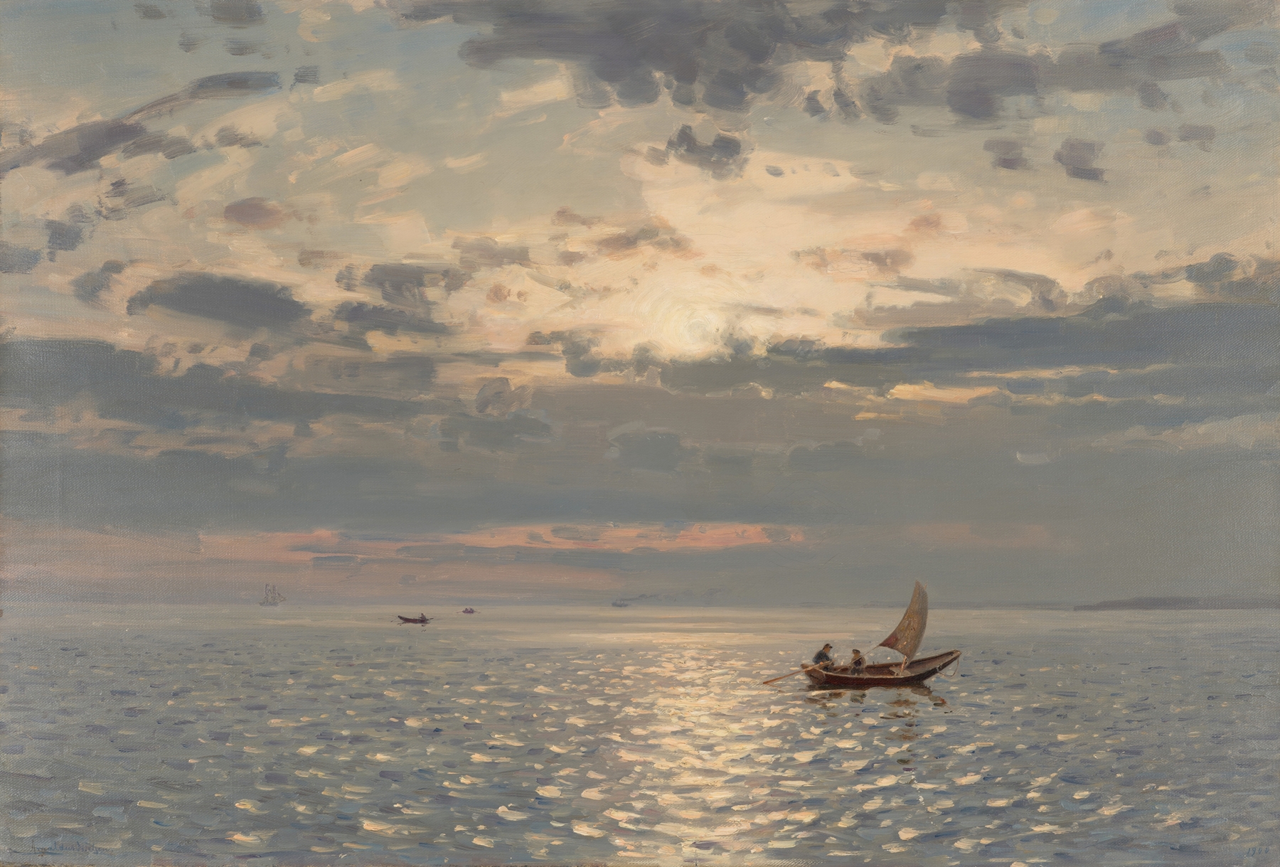 Solspeil by Amaldus Nielsen, an impressionist landscape with radiant sunlight.