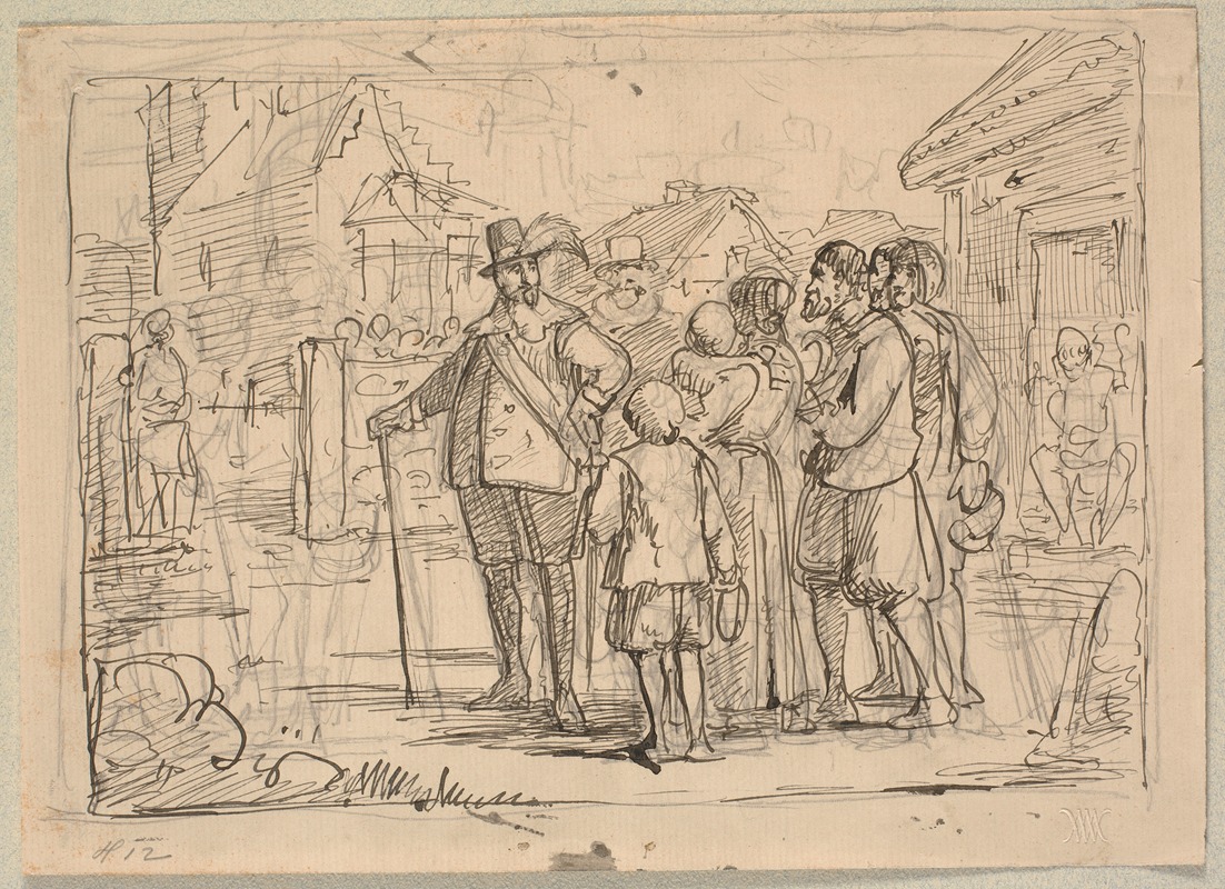 A depiction of King Christian IV conversing with farmers in a rural setting.