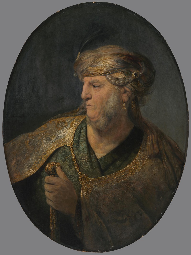 A striking portrait of a man in Oriental costume by Rembrandt.
