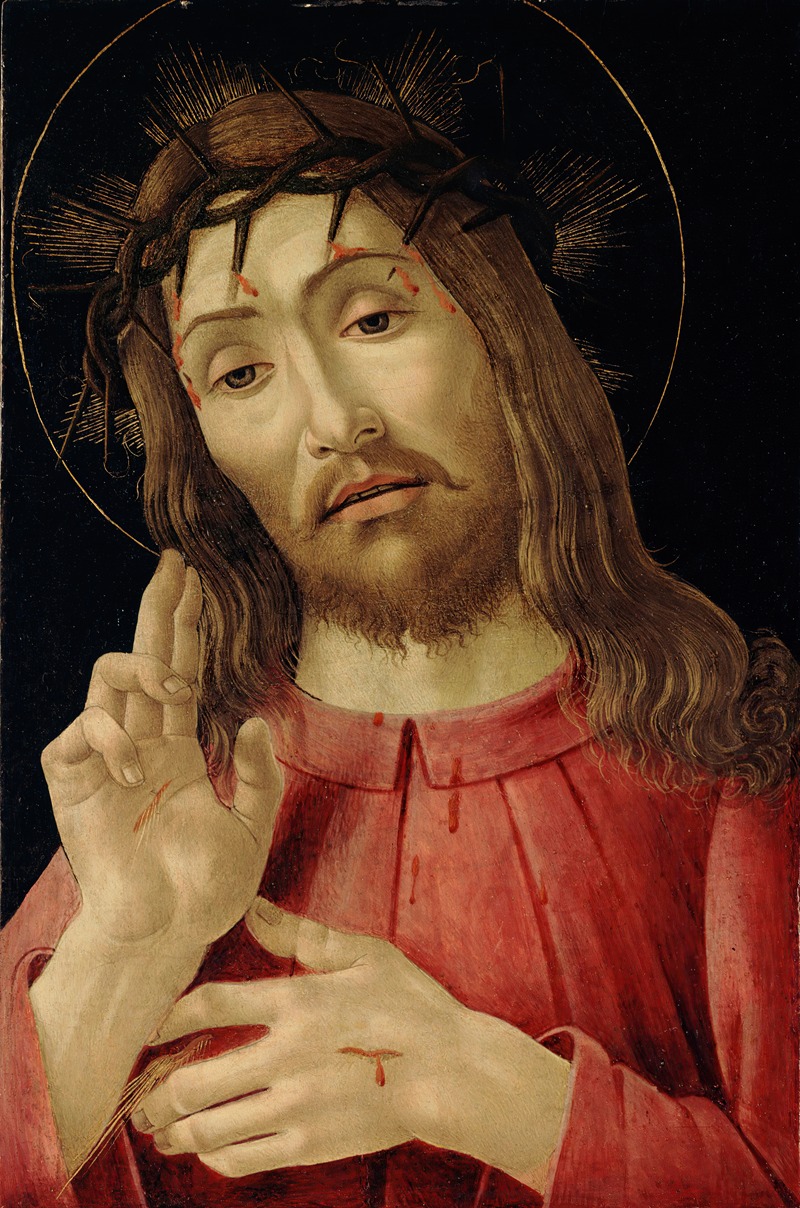 The Resurrected Christ by Sandro Botticelli depicts the figure of Christ in a vibrant landscape.