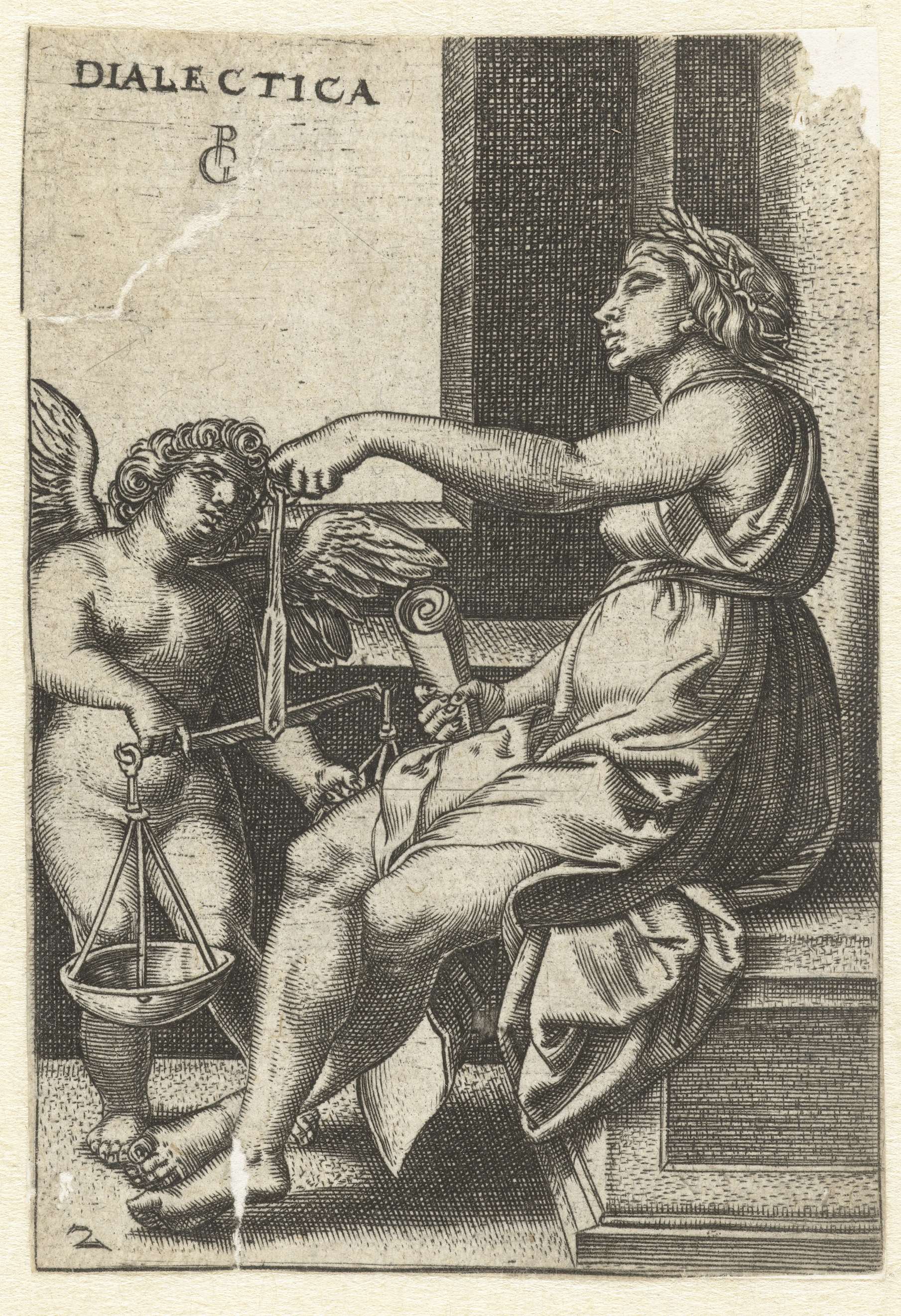 Dialectica engraving by Georg Pencz depicting two figures in a philosophical debate.