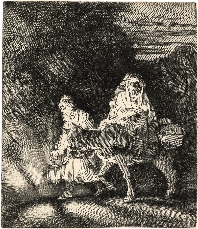 Rembrandt's 'The Flight into Egypt: a Night Piece' depicts a serene nighttime journey.