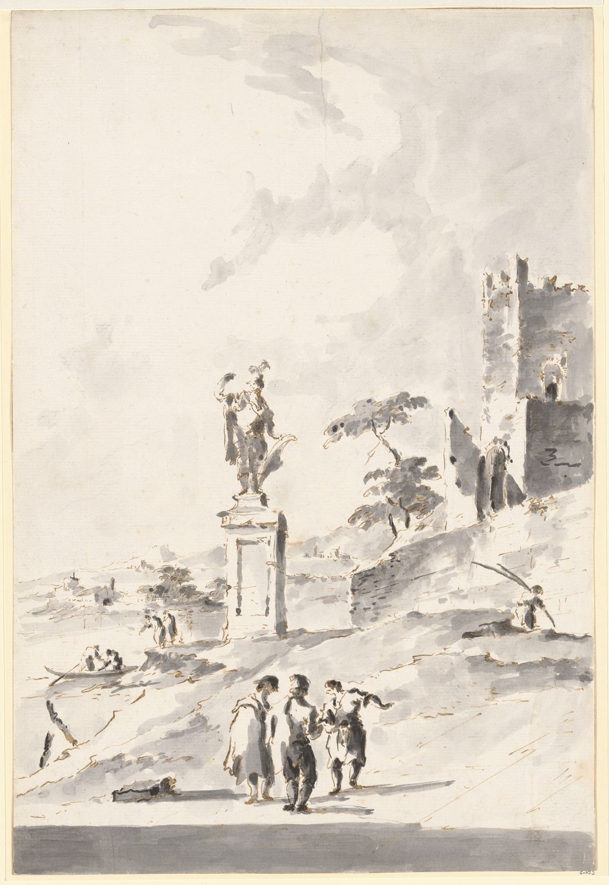 Capriccio with a Statue of a Warrior and a Ruined Castle on the Shore of the Lagoon, by Giacomo Guardi, public domain