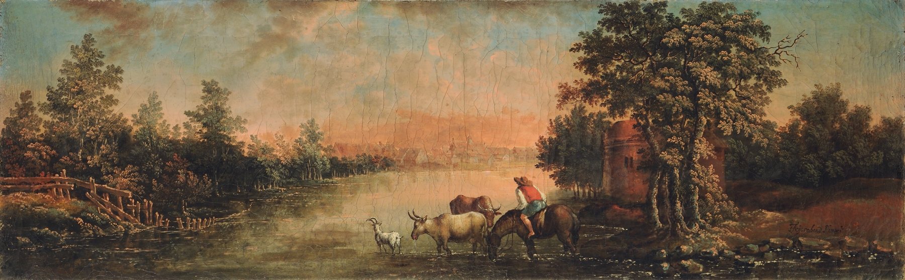 Landscape in the Evening by Franz Feyerabend, oil on canvas depicting twilight hues.