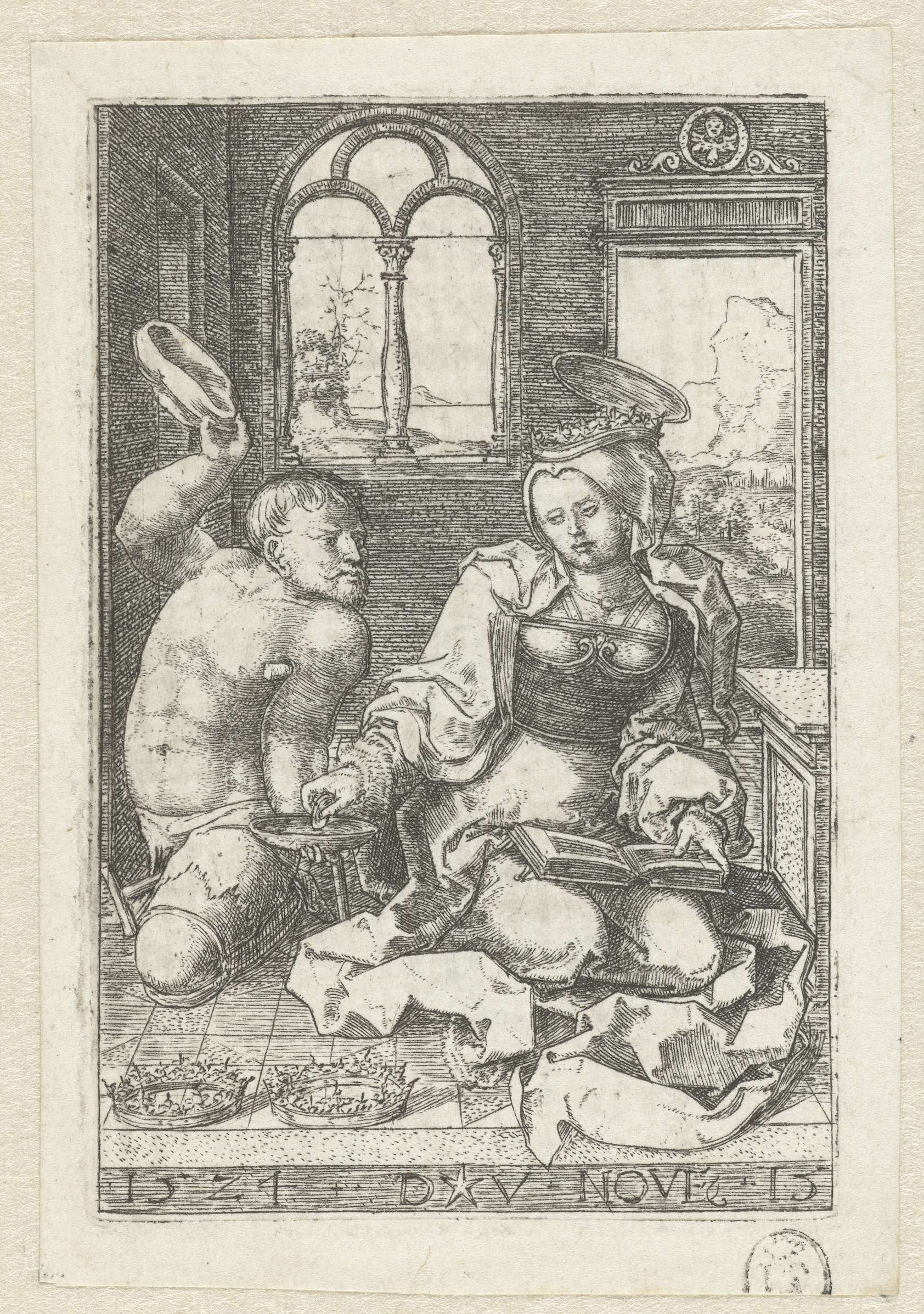 Engraving by Dirck Vellert depicting Saint Elisabeth giving alms to a beggar.