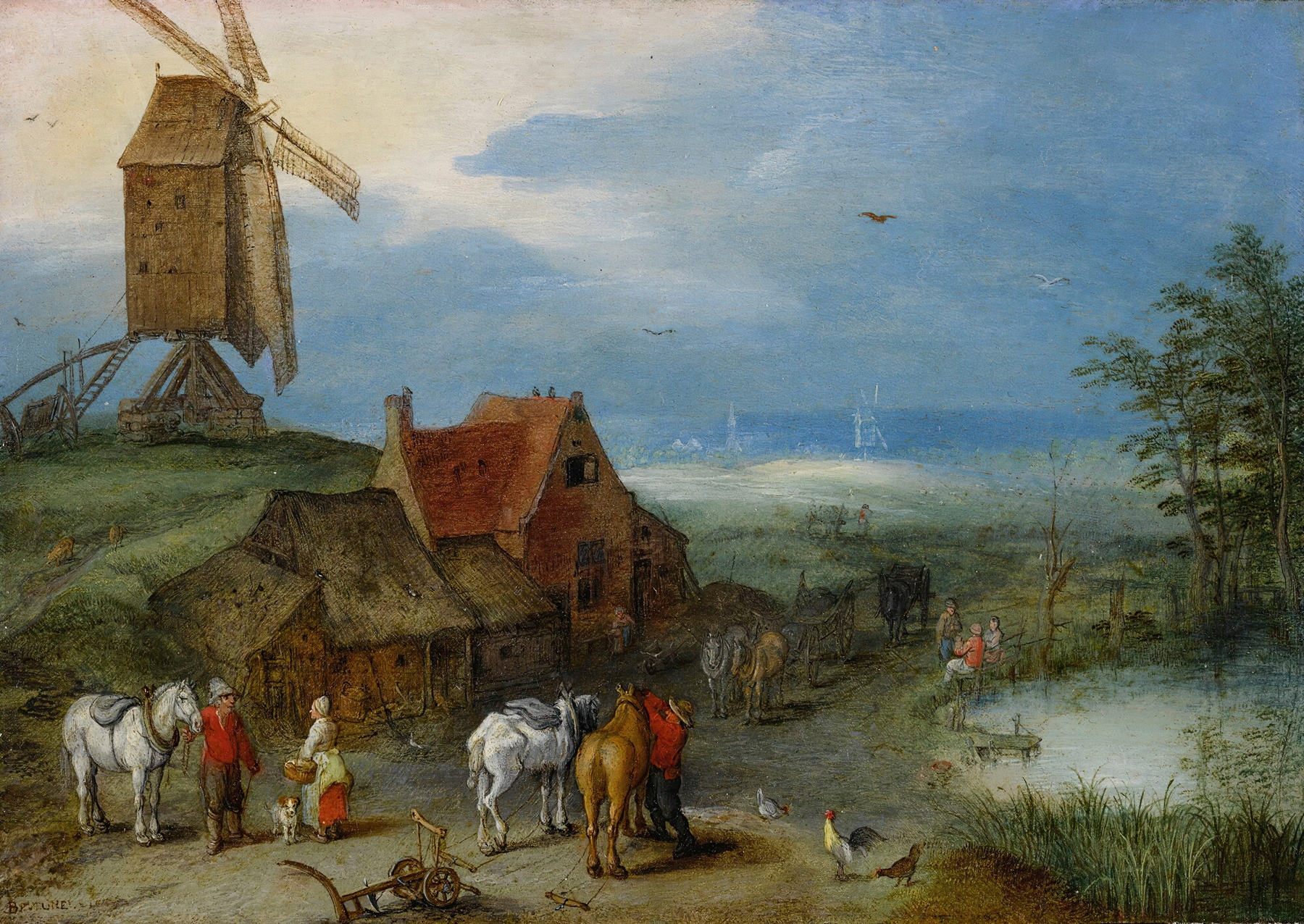 Landscape With A Windmill, Various Figures, Horses, And Animals Near A Farmstead, by Jan Brueghel the Elder, public domain