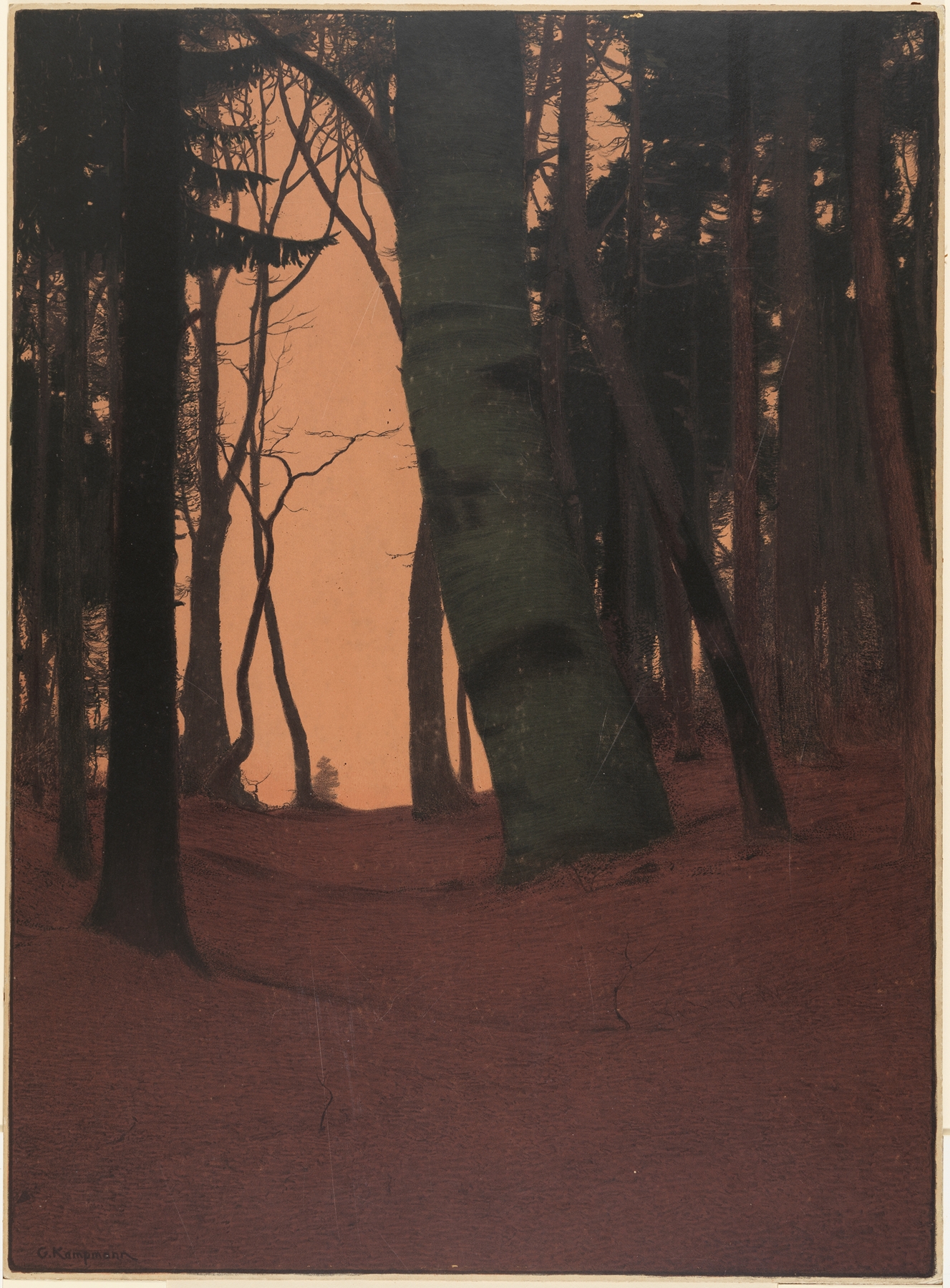 Twilight forest scene by Gustav Kampmann, oil on canvas