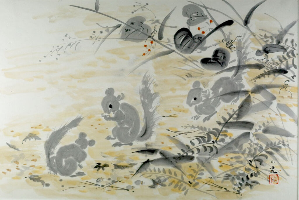 Autumn (Squirrels) by Kawasaki Shōko, paper medium, depicting playful squirrels in a forest.
