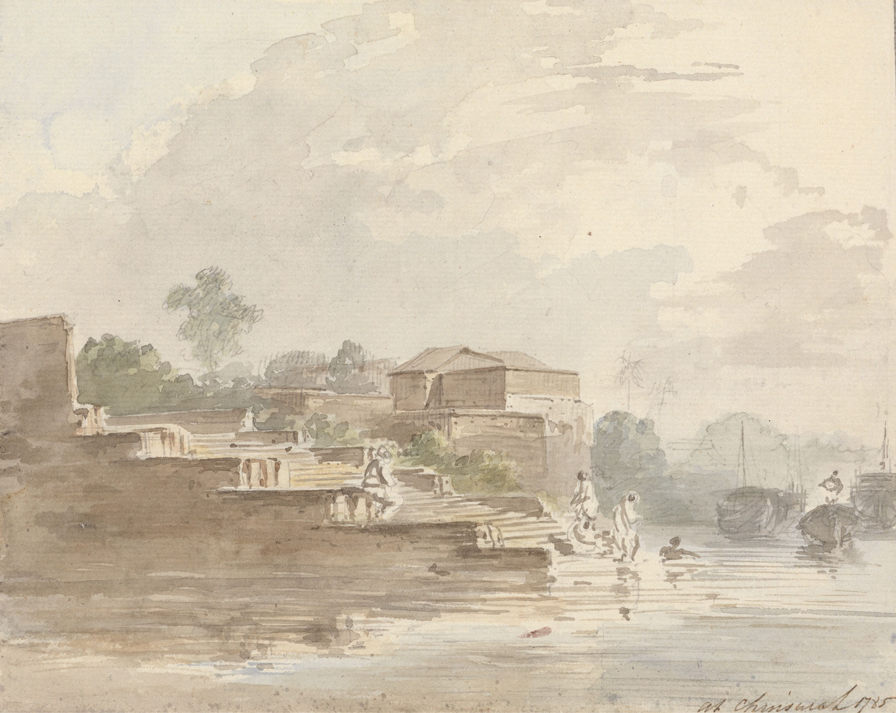 River landscape with ships at dusk, oil on canvas by Samuel Davis