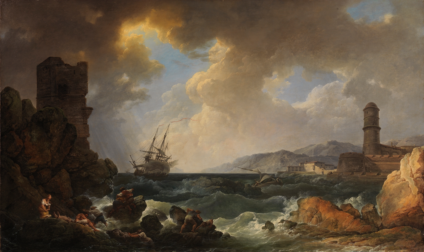 A stormy marine scene with ships by Philip James de Loutherbourg, oil painting