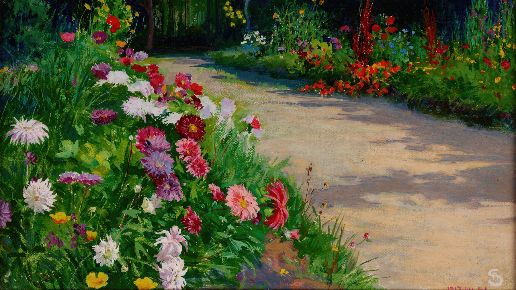 Asters by Ambroży Sabatowski, oil painting depicting vibrant flowers