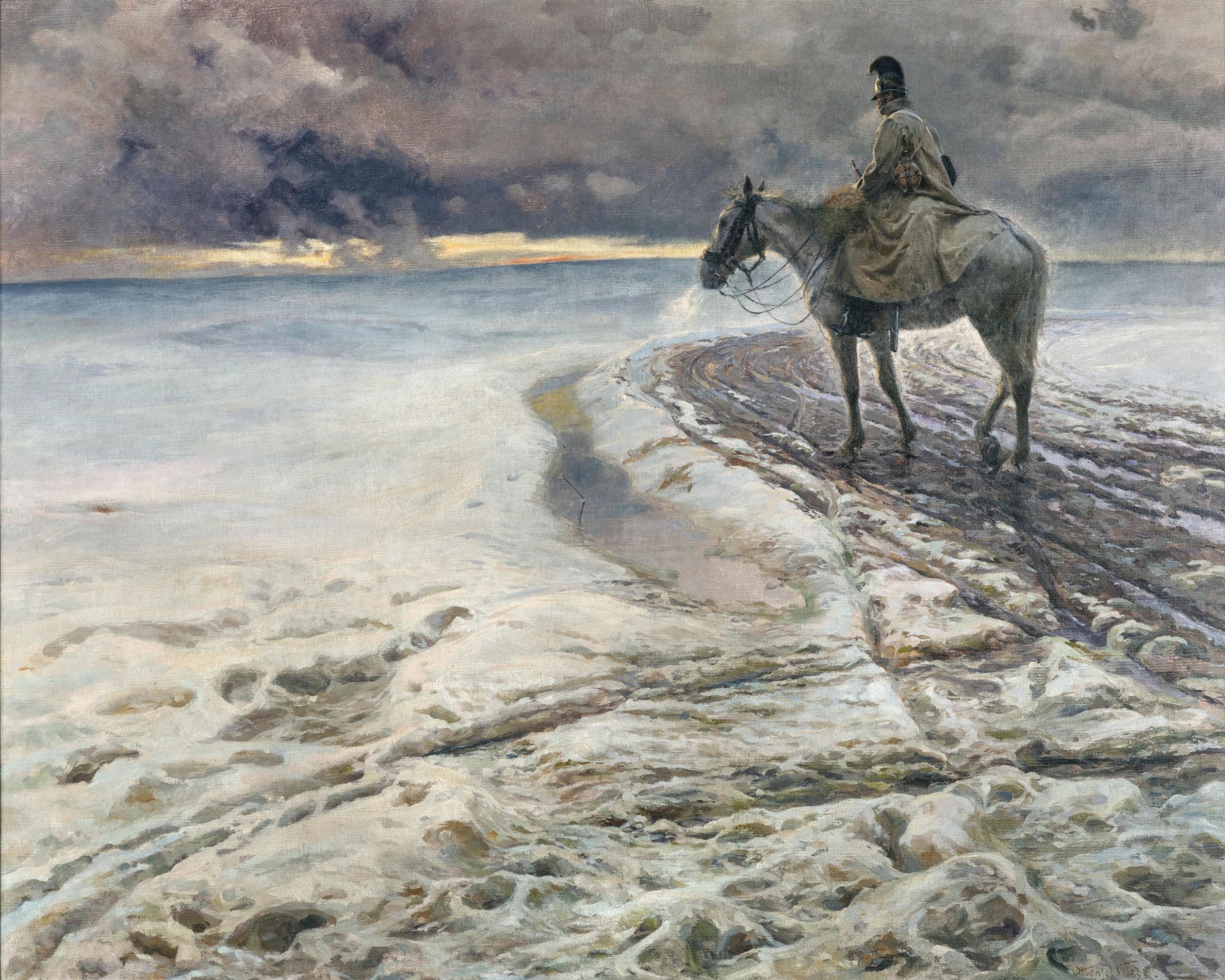 A Rider in the Snow, oil painting by Rudolf Otto von Ottenfeld, featuring a solitary rider in a snowy landscape.