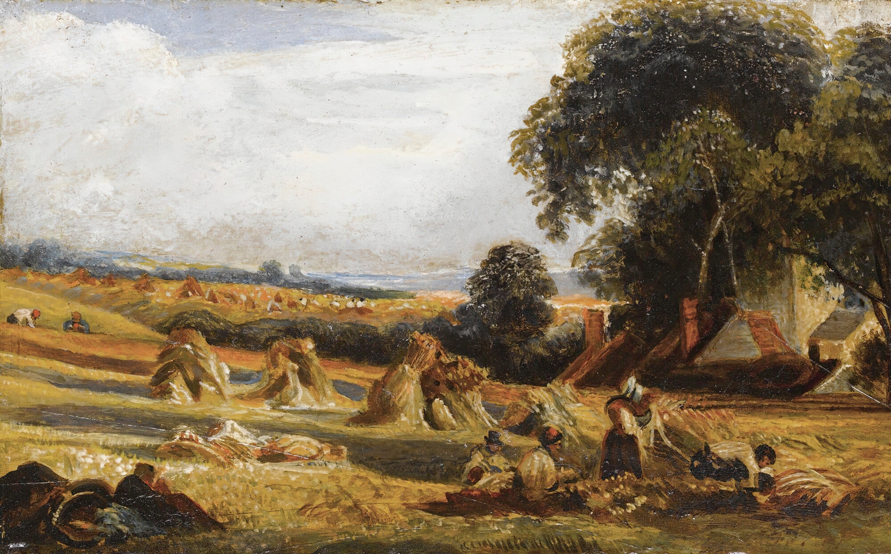 Haymaking by Peter De Wint, watercolor on paper depicting laborers in a golden hayfield