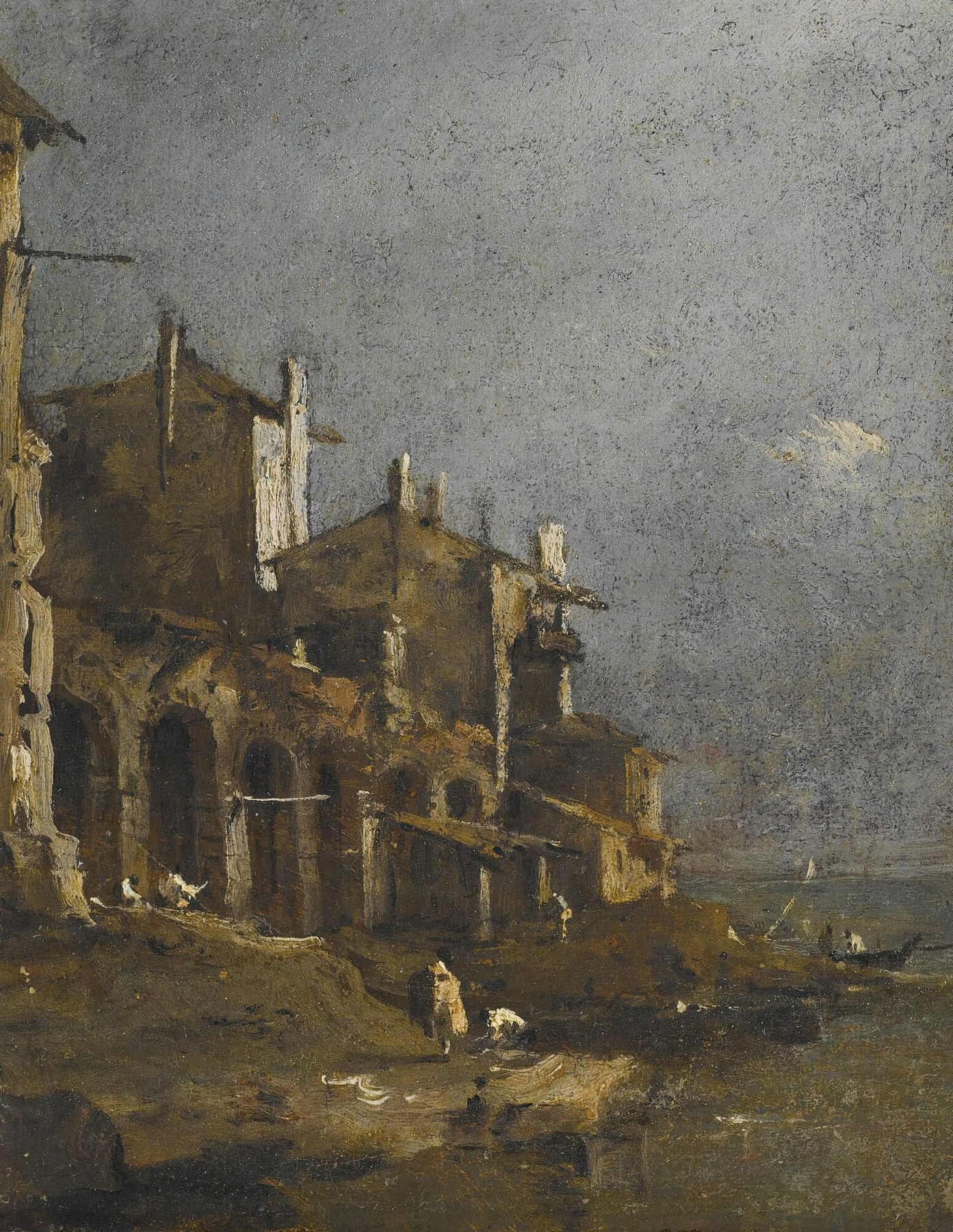 Coastal landscape with figures on the shore beneath an arcade, oil on canvas by Francesco Guardi.