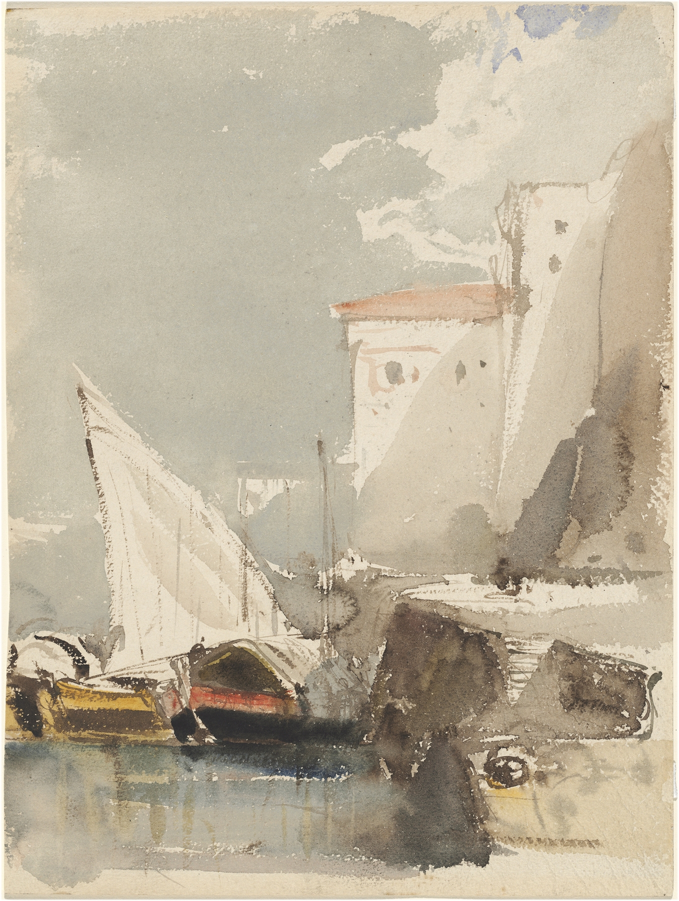 Sailboats in a sunlit harbor, oil on canvas by Eugène Isabey