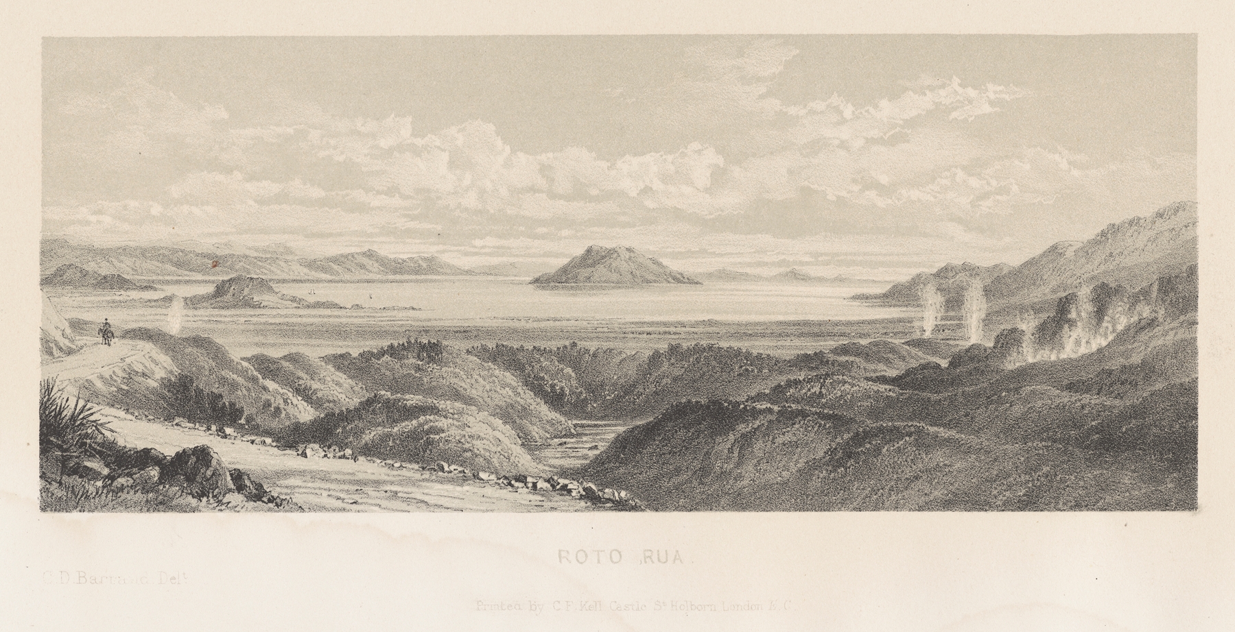 Engraving by Charles Decimus Barraud depicting Roto-rua landscape with lake and hills