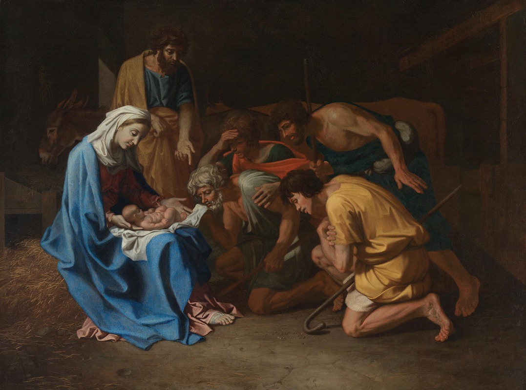 Nicolas Poussin's 'Adoration of the Shepherds' depicts a serene nativity scene with shepherds gathered around the newborn Christ.