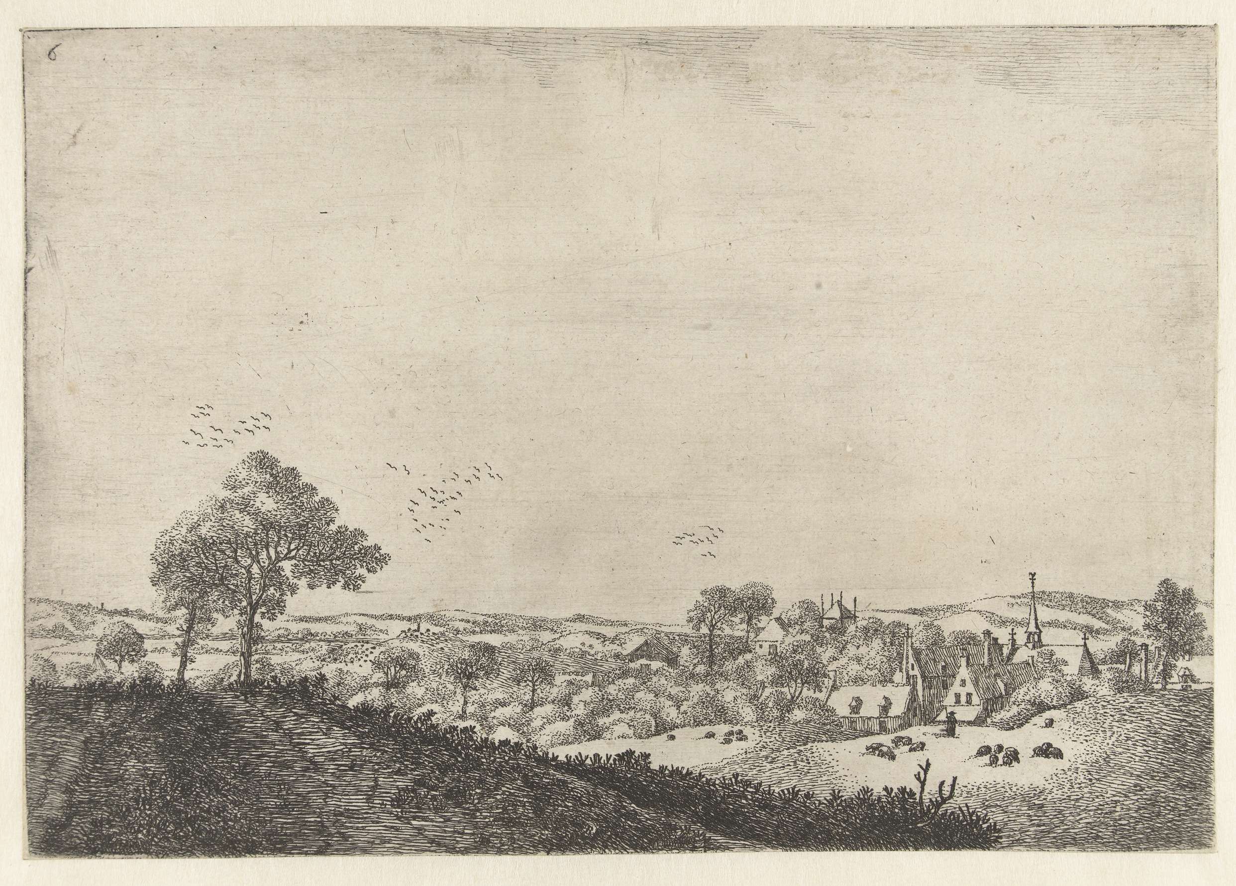 Landschap met dorp en herder met kudde, etching by Jan van Brosterhuyzen
