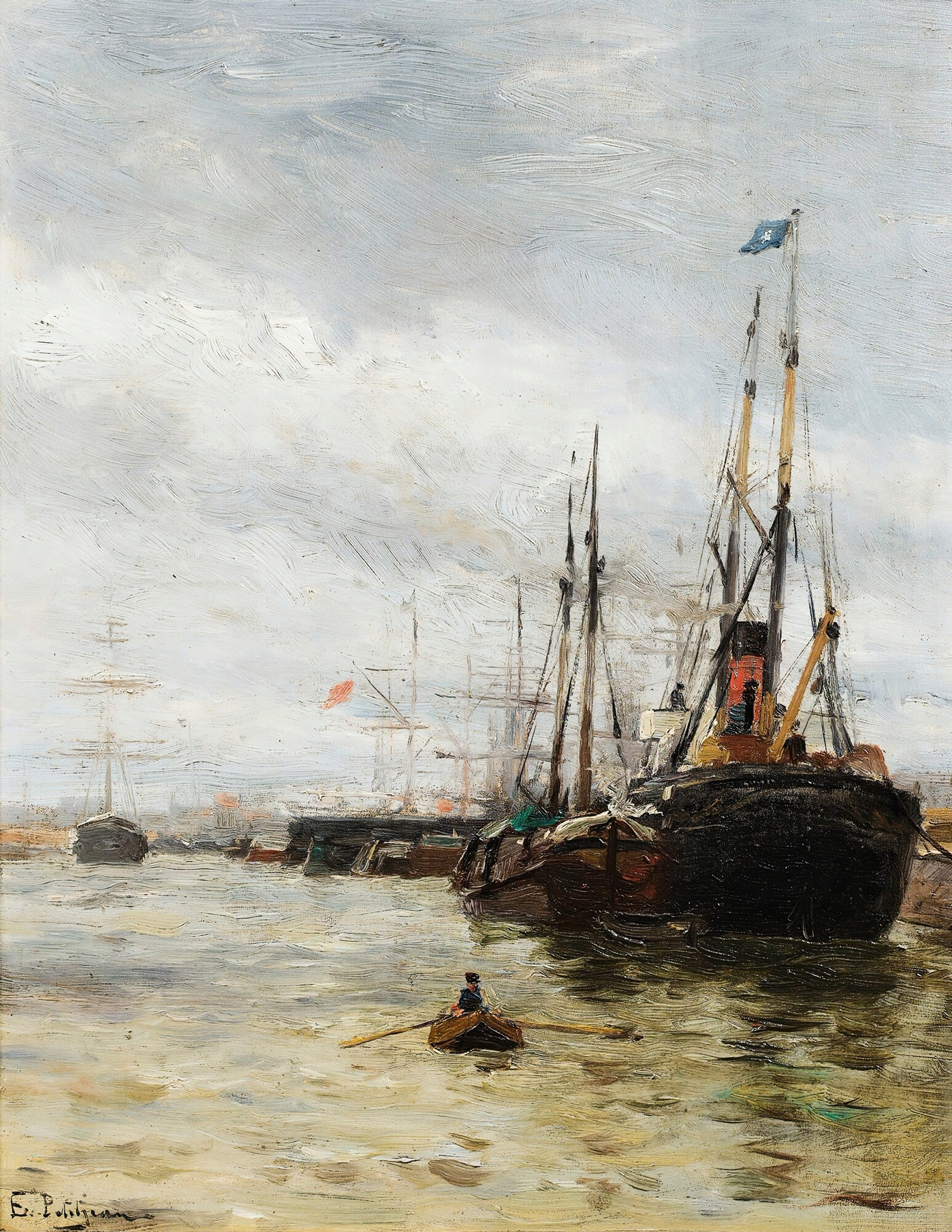 Boats at the harbor, oil painting by Edmond-Marie Petitjean
