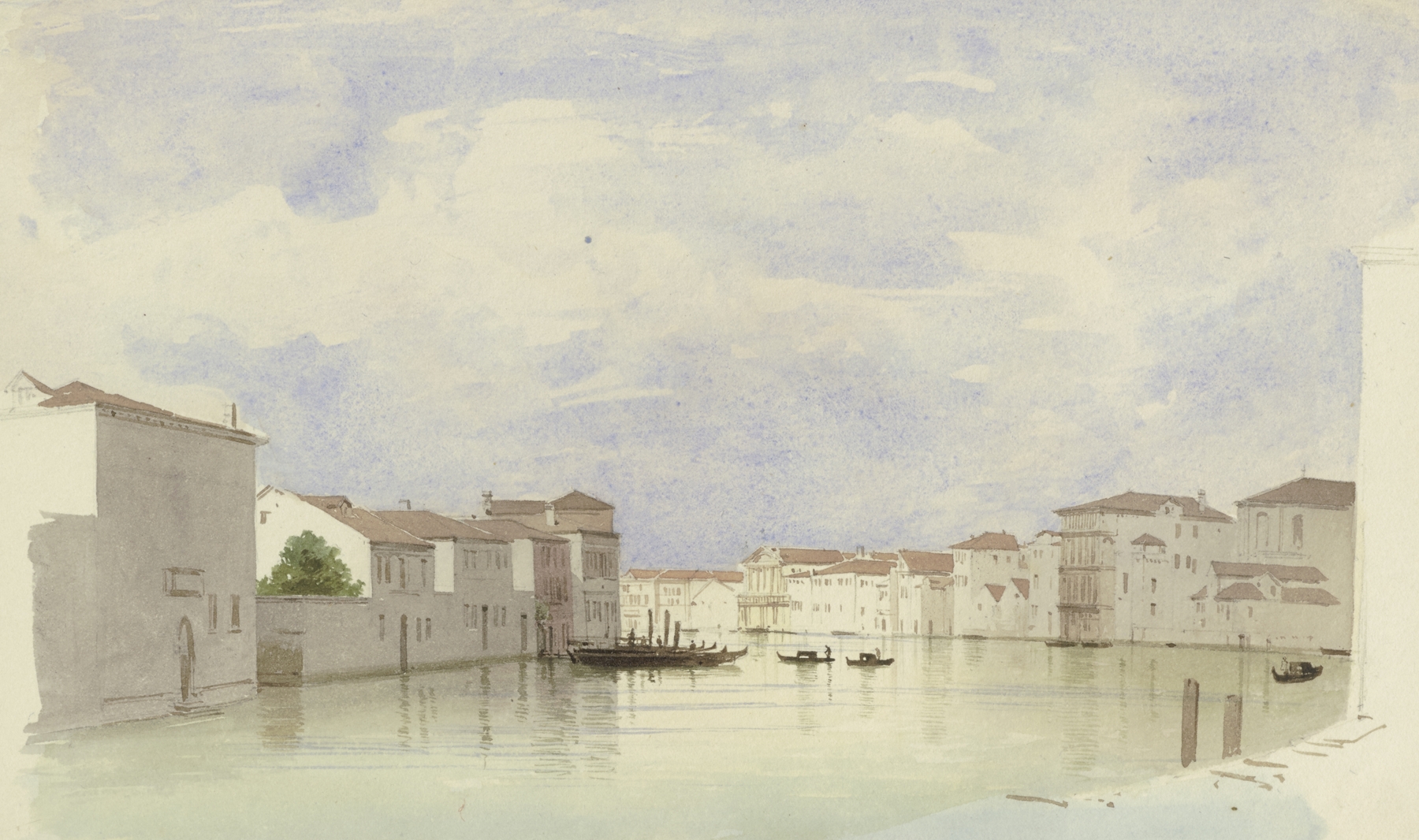 Channel in Venice by Carl Theodor Reiffenstein, oil painting depicting a serene canal with reflections.