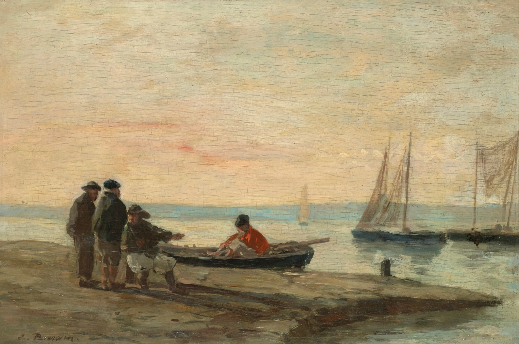 Marine scene with boats at a harbor, oil on canvas by Eugène Boudin