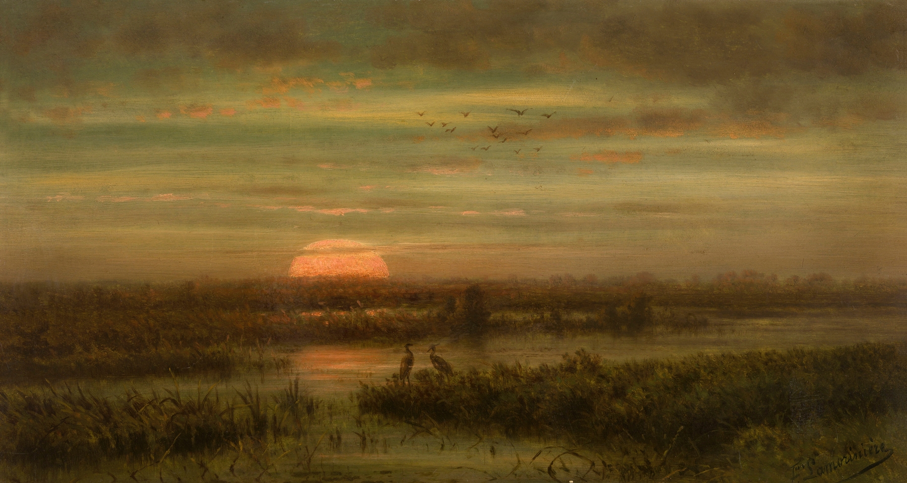 Landscape with Herons at Sunset, oil painting by Jean Pierre François Lamorinière
