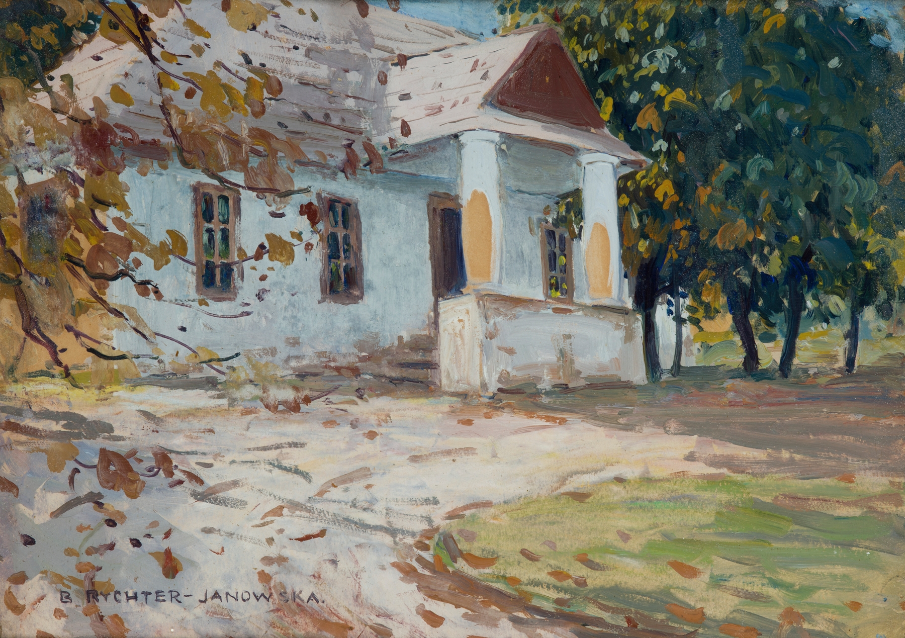 Realism artwork by Bronisława Janowska-Rychter depicting a manor in soft earth tones